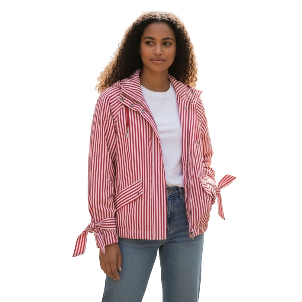 Les‎ Copains Red Striped Hooded Zip Up Jacket Lightweight Women's M/L/46